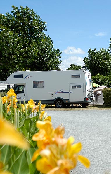 Camping-car et fleurs dans le parc du camping proche de Saint-Gilles-Croix-de-Vie